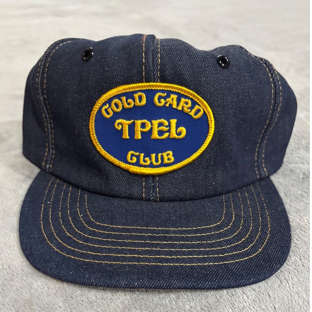 Vintage Gold Gard TPEL Club Denim Snapback Hat Dark Wash Blue Yellow Stitching